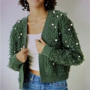 Women's Green Loop and Pearl Cardigan Sweater Size XL